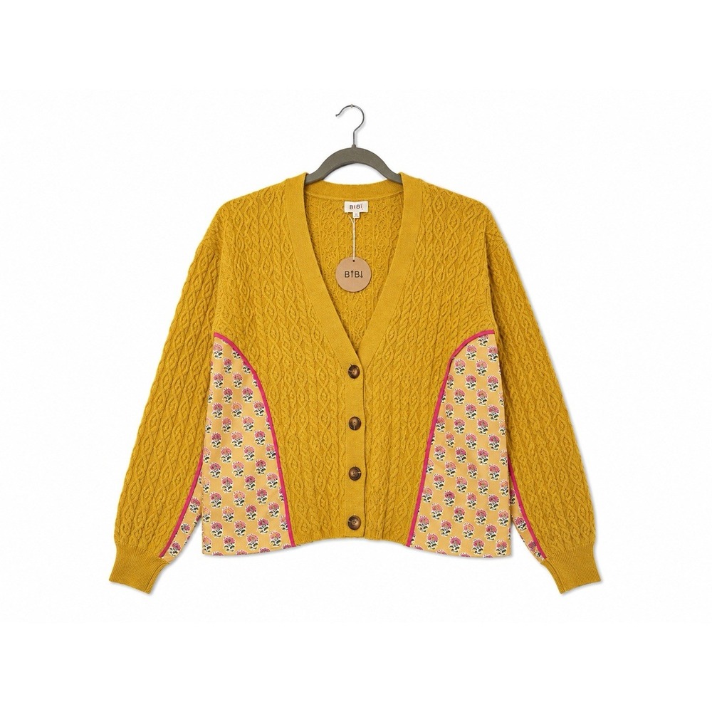 BIBI Cable Knit Floral Combo Cardigan Women's XL Yellow Mustard Quilted NWT - Picture 4 of 14